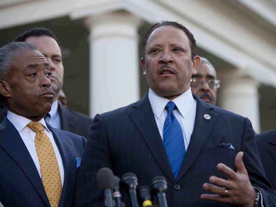 The National Urban League's Marc Morial (center) joins other civic leaders speaking outside the White House after they met with President Obama last month.