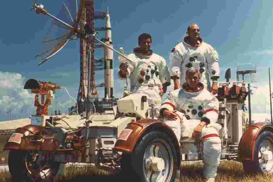 Apollo 17 was the sixth and final Apollo mission to the moon. Here, lunar module pilot Harrison (Jack) Schmitt, Cmdr. Eugene Cernan and command module pilot Ron Evans pose in the lunar vehicle. 