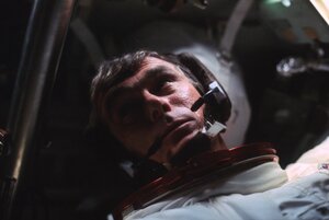 Cernan is seen in the command module during the outbound trip to the moon.