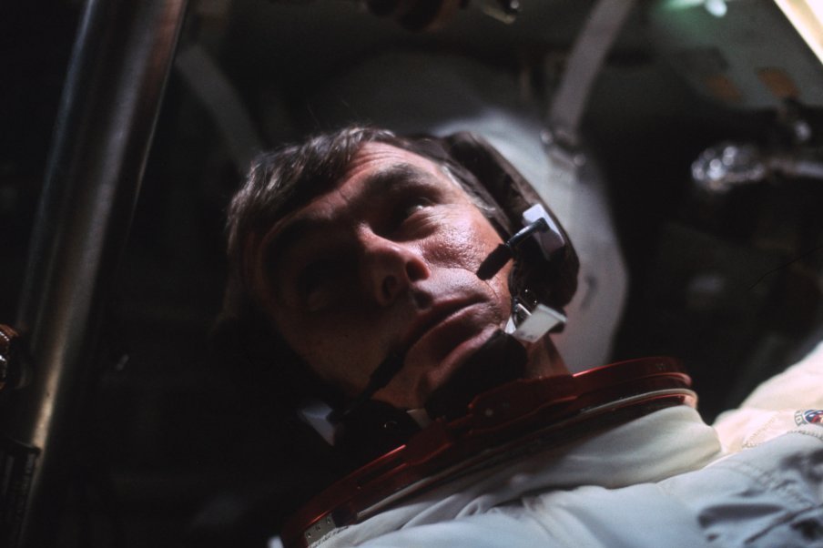 Cernan is seen in the command module during the outbound trip to the moon.