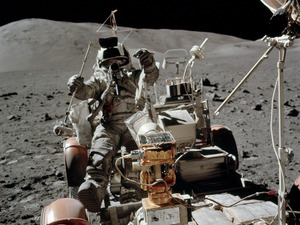 Cernan photographed Schmitt while he set up a transmitter used in a geological experiment.
