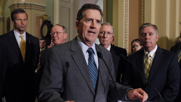 Sen. Jim DeMint, R-S.C., speaks to the media after a Republican caucus luncheon last year. He's joined by (from left): Sen. John Thune, R-S.D.; Sen. Lamar Alexander, R-Tenn.; Senate Minority Leader Mitch McConnell, R-Ky.; and Sen. Lindsey Graham, R-S.C.