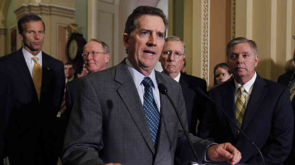 Sen. Jim DeMint, R-S.C., speaks to the media after a Republican caucus luncheon last year. He's joined by (from left): Sen. John Thune, R-S.D.; Sen. Lamar Alexander, R-Tenn.; Senate Minority Leader Mitch McConnell, R-Ky.; and Sen. Lindsey Graham, R-S.C.