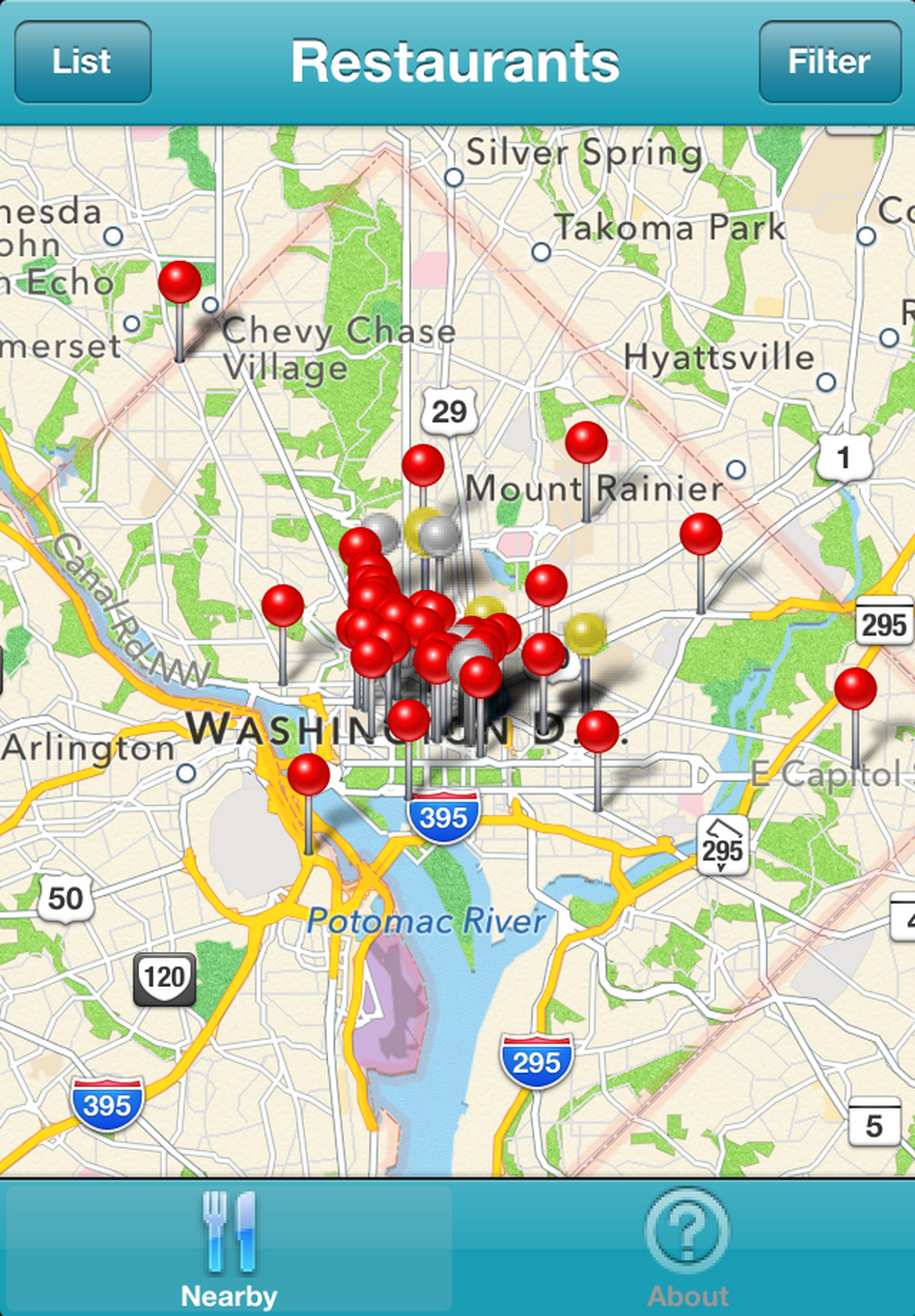 Restaurants marked with gold or silver pins on this map of Washington, D.C., are those that, according to ROC United, treat their workers well.