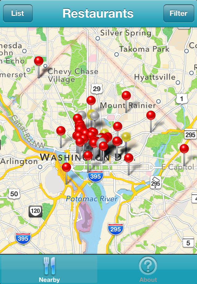 Restaurants marked with gold or silver pins on this map of Washington, D.C., are those that, according to ROC United, treat their workers well.