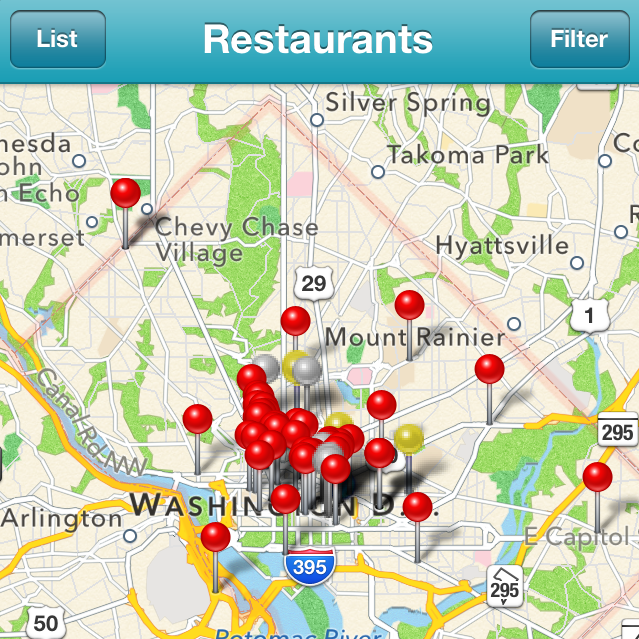 Restaurants marked with gold or silver pins on this map of Washington, D.C., are those that, according to ROC United, treat their workers well.