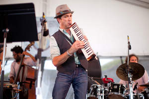 The Dafnis Prieto Sextet plays the Harbor Stage at the Newport Jazz Festival. That's Peter Apfelbaum on the melodica and Prieto behind the cymbal.