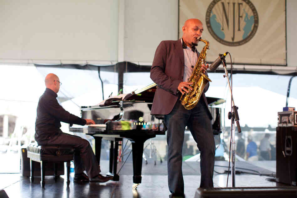 Saxophonist Miguel Zenón performs with pianist Laurent Coq at the 2012 Newport Jazz Festival.