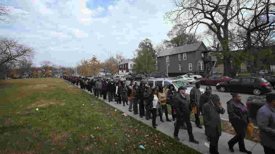 Looking for work: There was a long line last month as job seekers waited to get into an employment fair at Kennedy-King College in Chicago.