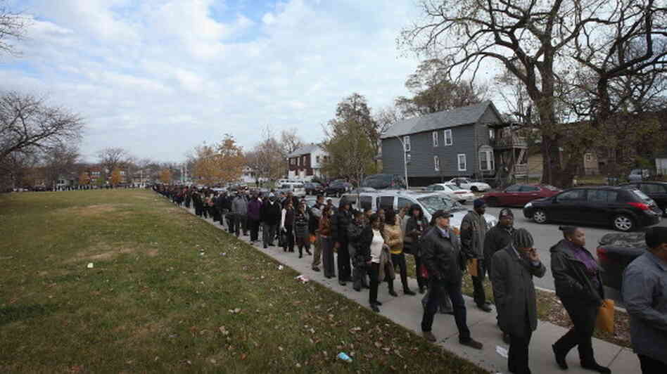 Looking for work: There was a long line last month as job seekers waited to get into an employment fair at Kennedy-King College in Chicago.