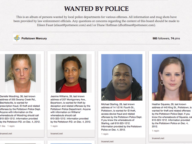 People wanted by the police in Pottstown, Pa., are displayed on the Pinterest page of a local newspaper. The police department's social media strategy, which aims to get the images of criminals seen by more people, has also been adapted in Philadelphia.