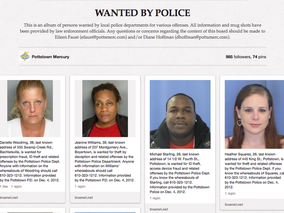 People wanted by the police in Pottstown, Pa., are displayed on the Pinterest page of a local newspaper. The police department's social media strategy, which aims to get the images of criminals seen by more people, has also been adapted in Philadelphia.