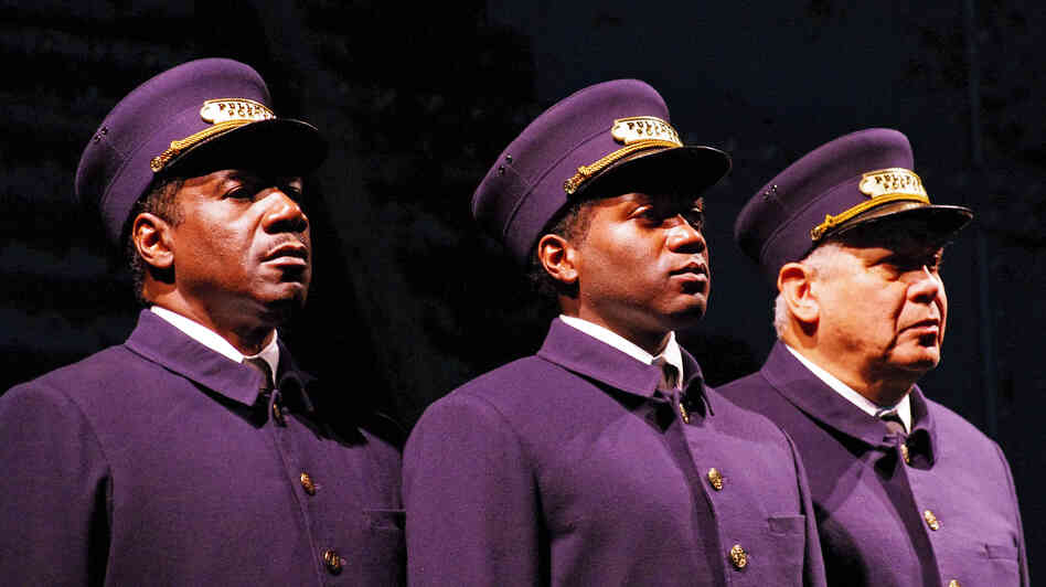 Left to right: Actors Cleavant Derricks (as Sylvester), Warner Miller (as Cephas) and Larry Marshall (as Monroe) star in Pullman Porter Blues.