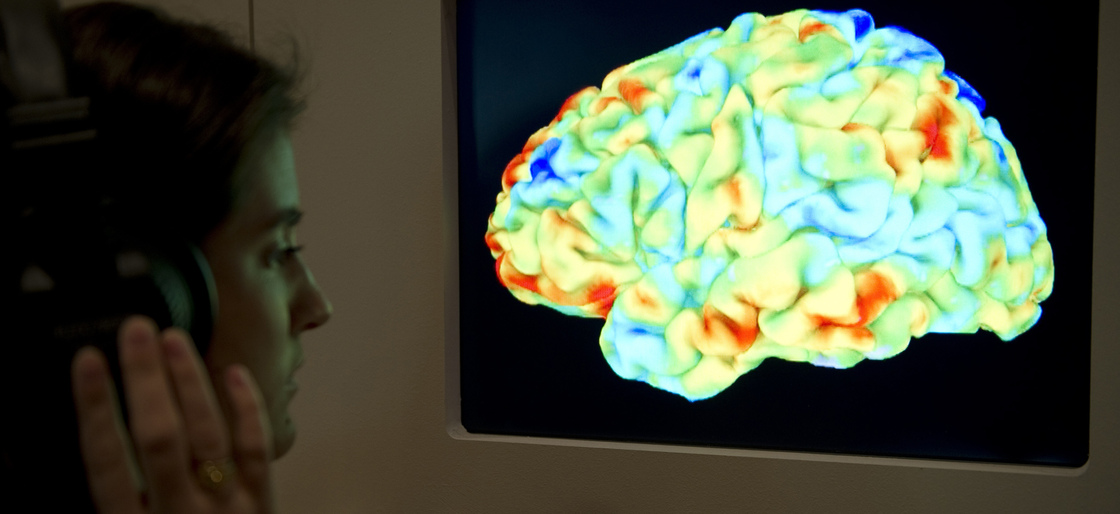 A visitor to the Wellcome Collection's 2012 exhibition "Brains: The mind as matter" looks at a functional magnetic resonance image (fMRI) showing a human brain as it listens to Stravinsky's "Rite of Spring" and Kant's third Critique.