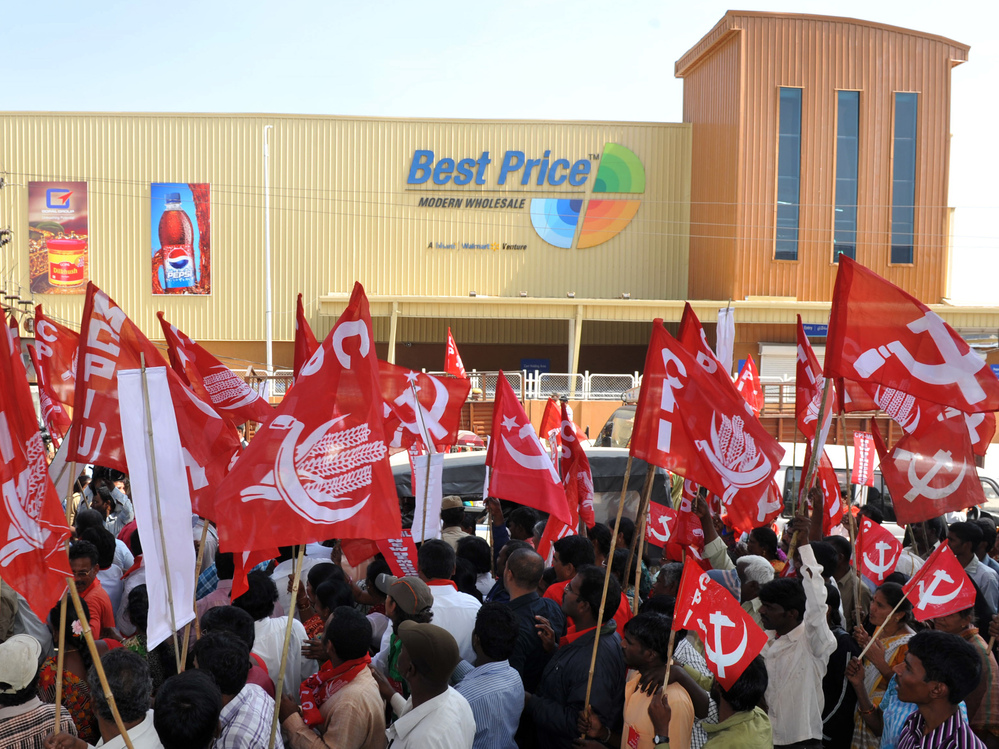 Indian leftist activists rally in front of a Best Price store, owned by Wal-Mart and its Indian partner, Bharti, in Hyderabad in November. The rally was organized to protest foreign direct investment in India's retail sector.