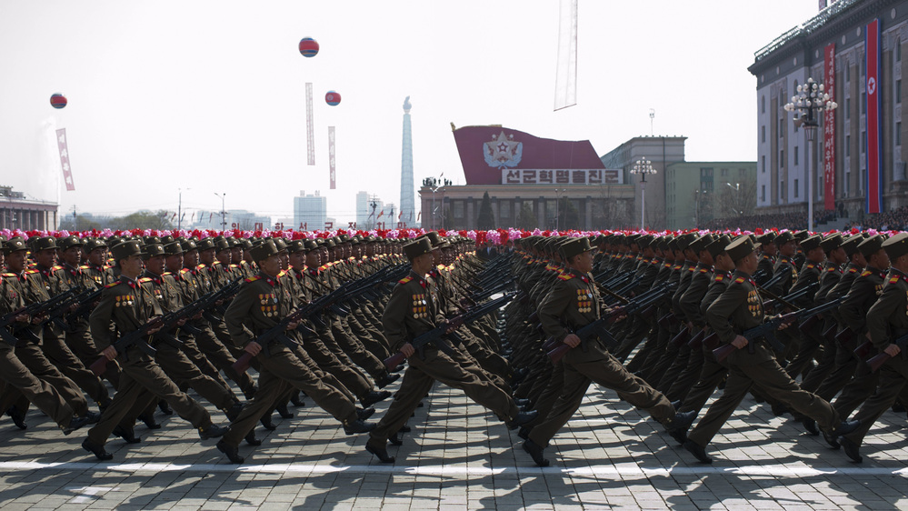 North Korean soldiers march during a military parade to mark 100 years since the birth of North Korea's founder Kim Il Sung in Pyongyang on April 15. It was supposed to be the year North Korea would become a "strong and prosperous" nation. That hasn't exactly been the case.