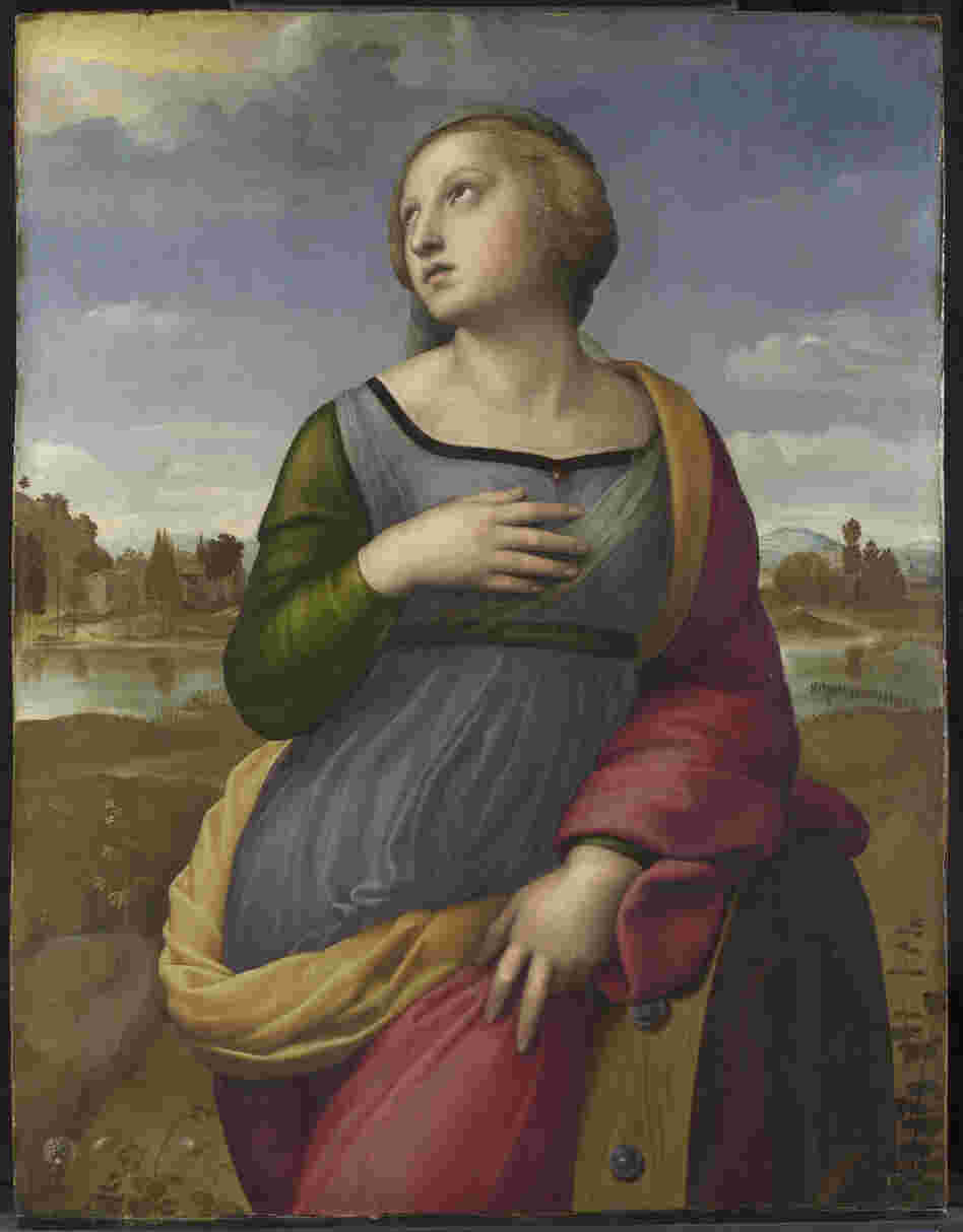 Raphael's Saint Catherine of Alexandria, circa 1507. NGA curator David Brown says, "His depiction adopts Catherine's traditional attribute — the wheel that broke during her martyrdom — but instead of stressing the horrific aspect of the event, Raphael has her leaning on the broken wheel in a relaxed classical pose."