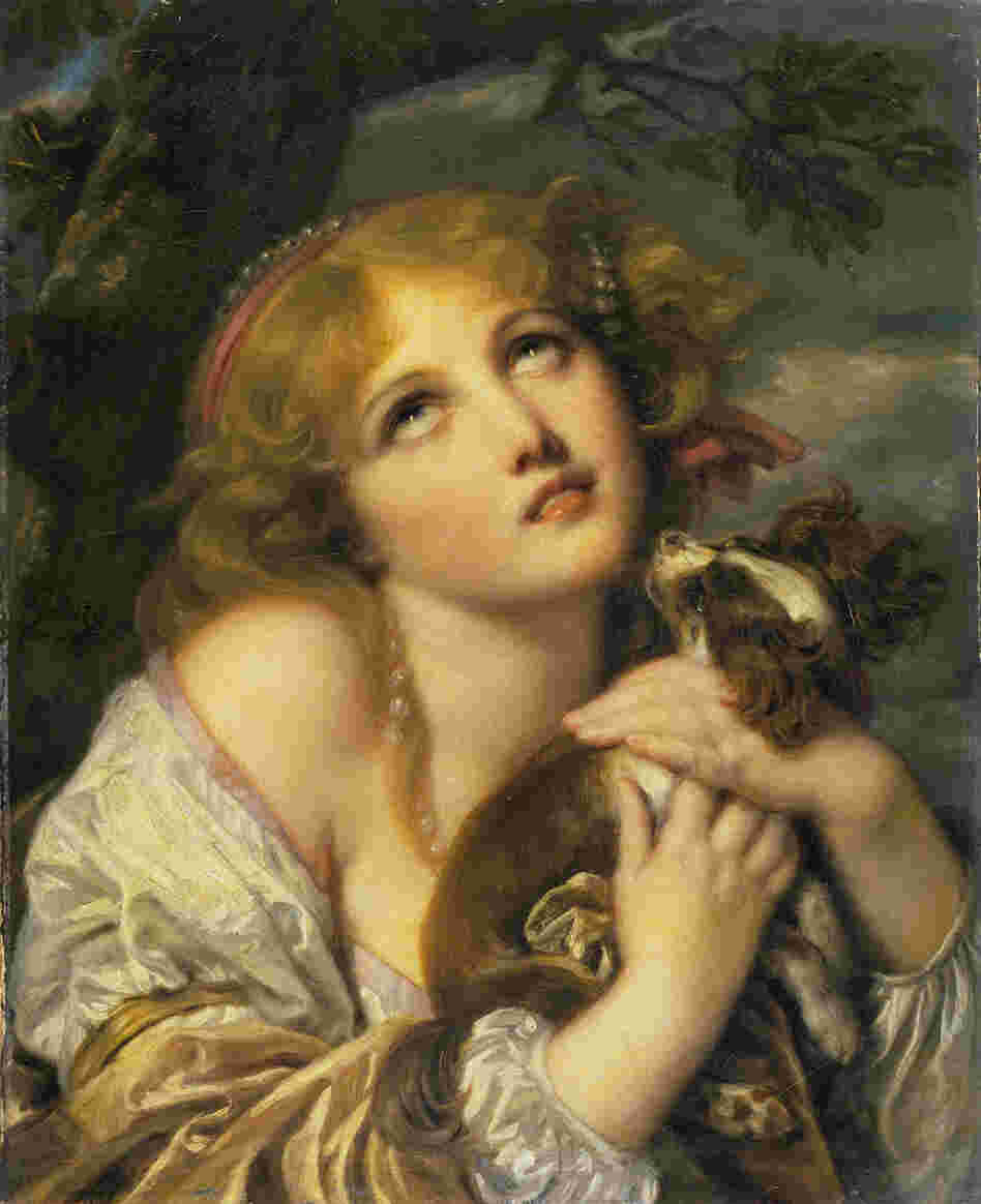 Jean-Baptiste Greuze's The Souvenir (Fidelity), 1787-1789. Yuriko Jackall, a curator at the National Gallery of Art in Washington, D.C., says Grueze's subject may be cluching her dog in fear of the storm gathering behind her. "The viewer may, however, also imagine that she is portrayed in the throes of longing for an absent lover," Jackall says.