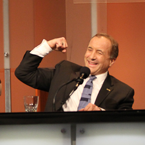 Lawrence Krauss and Michael Shermer react to their victory after arguing that "Science Refutes God" in an Intelligence Squared U.S. debate.