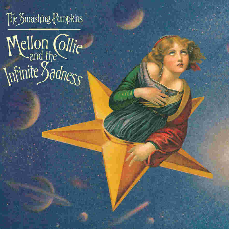Craig's finished cover for Mellon Collie. Here, the Raphael body is pitched forward and sized to fit with the face of Greuze's girl. The result transforms Saint Catherine's erect posture into an enraptured swoon and makes the composite figure appear to coast through space.