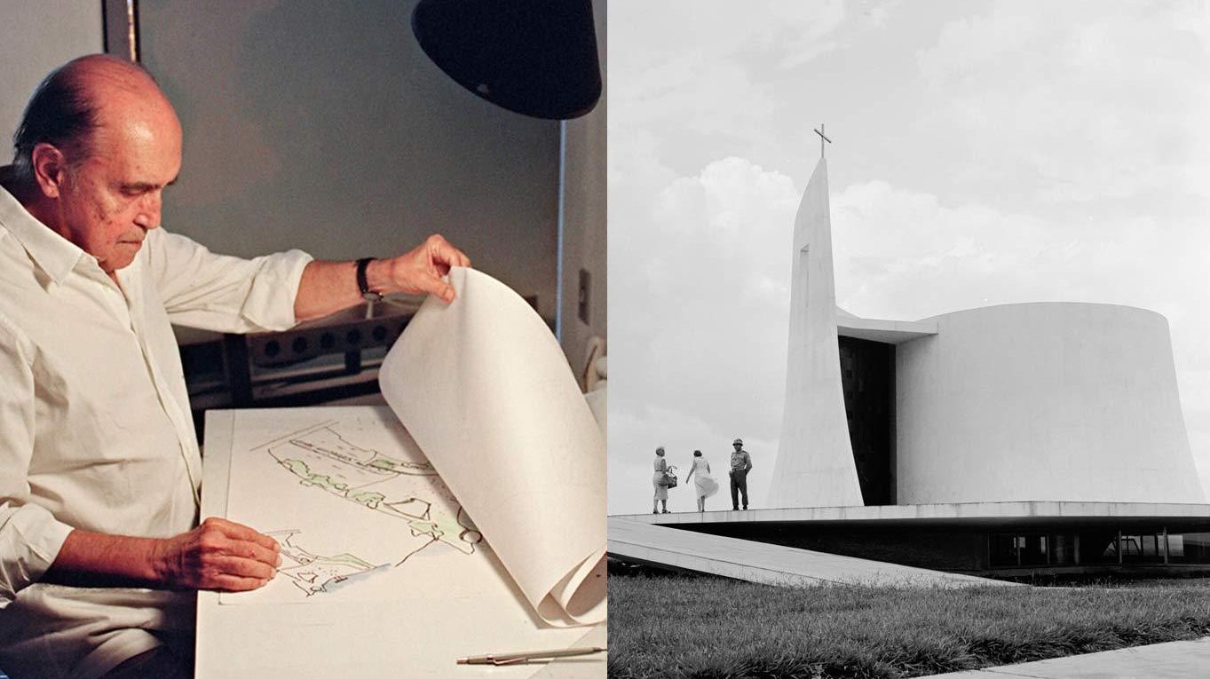 A composite image shows architect Oscar Niemeyer in 1992 (left), and one of his buildings photographed circa 1955.