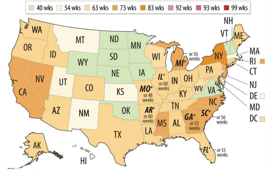 The total number of weeks of benefits available in any particular state depends on the unemployment rate and unemployment insurance laws in the state where the person worked. This map shows the maximum number of weeks of  benefits currently available in each state.