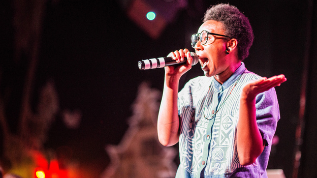 Stasia Irons of THEESatisfaction performs at KEXP's All Songs Considered party at The Vera Project on August 20, 2012.