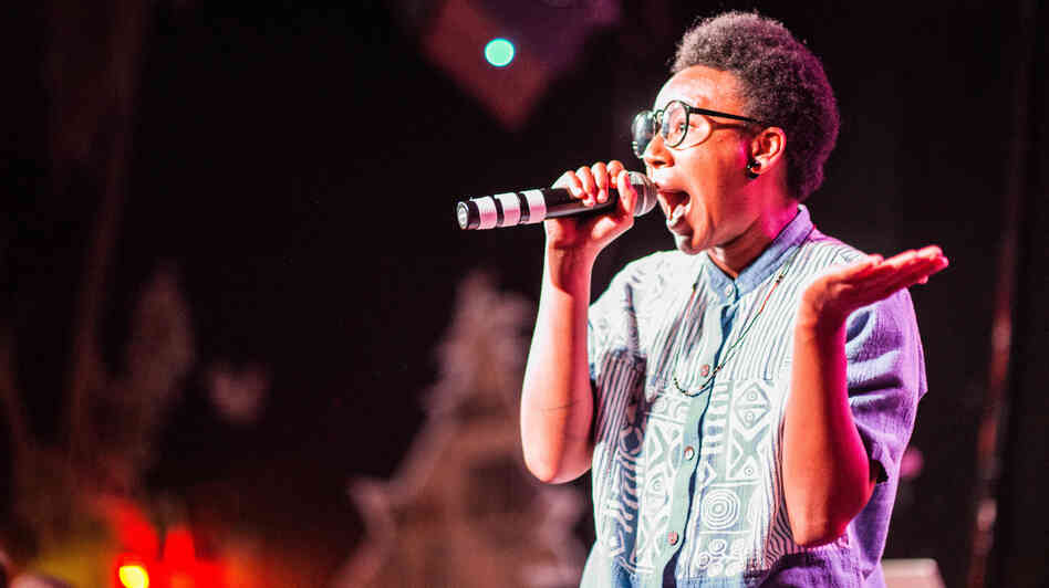 Stasia Irons of THEESatisfaction performs at KEXP's All Songs Considered party at The Vera Project on August 20, 2012.