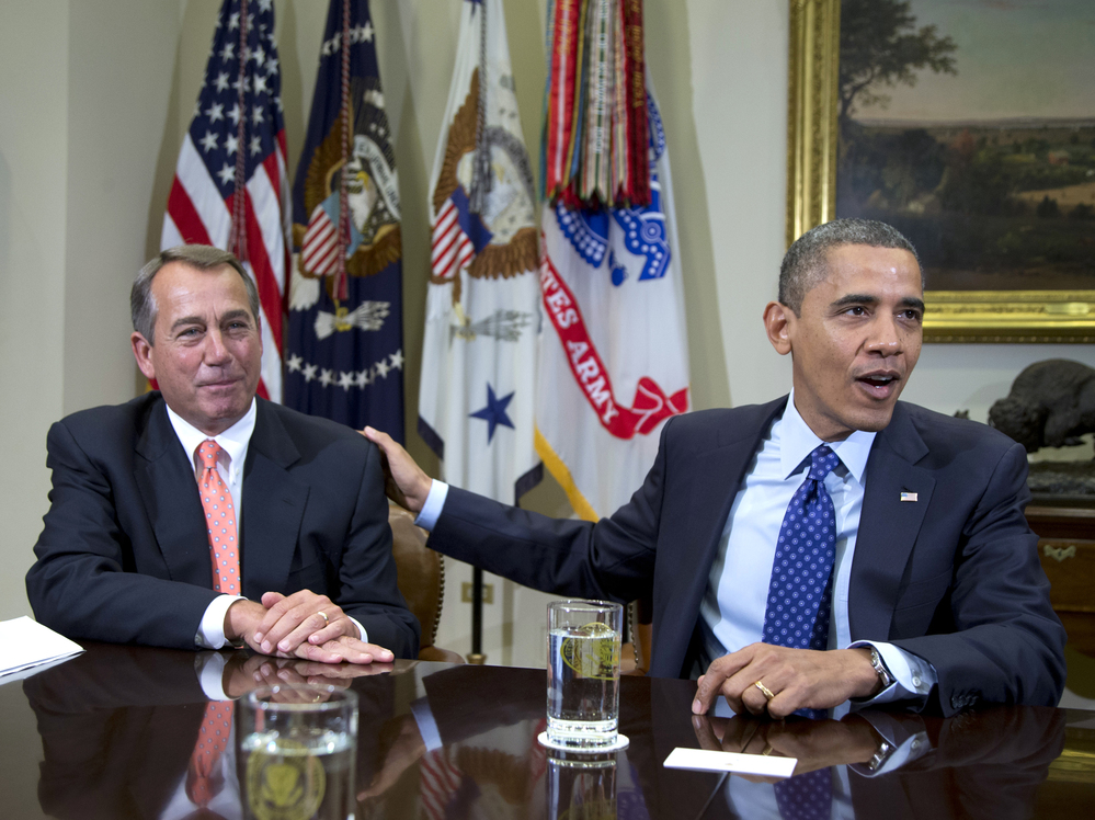 President Obama and House Speaker John Boehner at the White House on Nov. 16. Administration officials say the two men met Sunday to discuss the "fiscal cliff." President Obama and House Speaker John Boehner at the White House on Nov. 16. Administration officials say the two men met Sunday to discuss the "fiscal cliff."