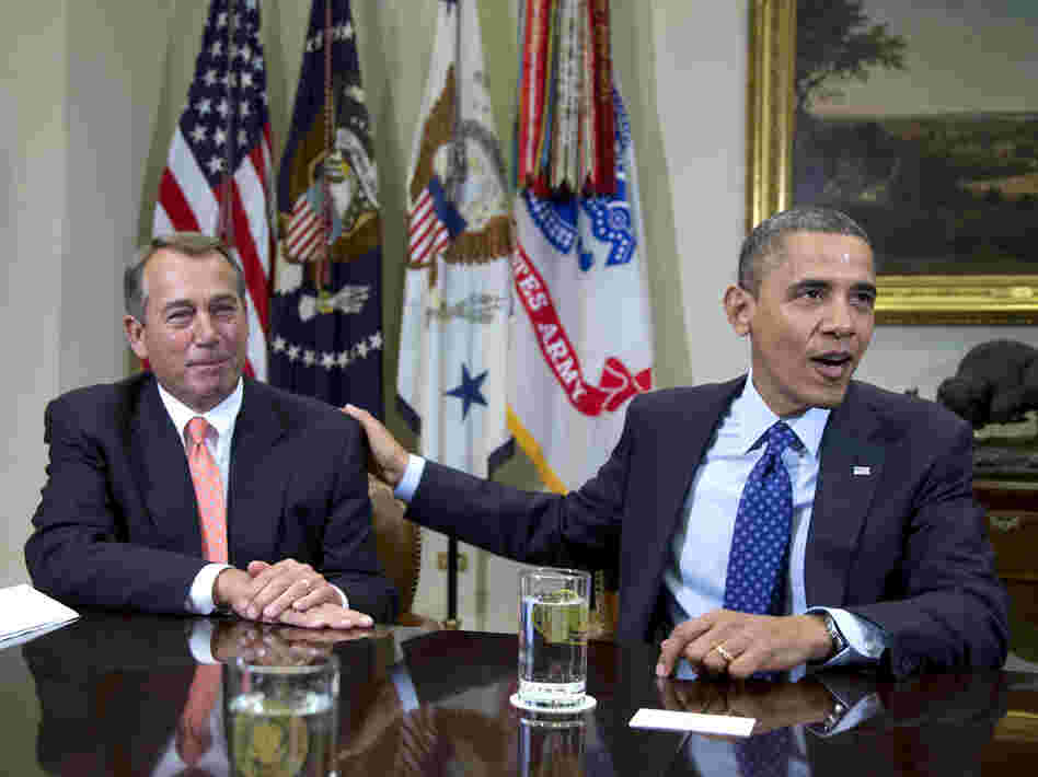 President Obama and House Speaker John Boehner at the White House on Nov. 16. Administration officials say the two men met Sunday to discuss the "fiscal cliff." President Obama and House Speaker John Boehner at the White House on Nov. 16. Administration officials say the two men met Sunday to discuss the "fiscal cliff."