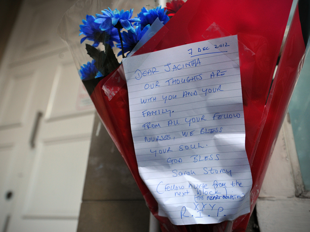 Flowers and a note outside the apartments near King Edward VII Hospital in central London where Jacintha Saldanha and other nurses stayed. Flowers and a note outside the apartments near King Edward VII Hospital in central London where Jacintha Saldanha and other nurses stayed.