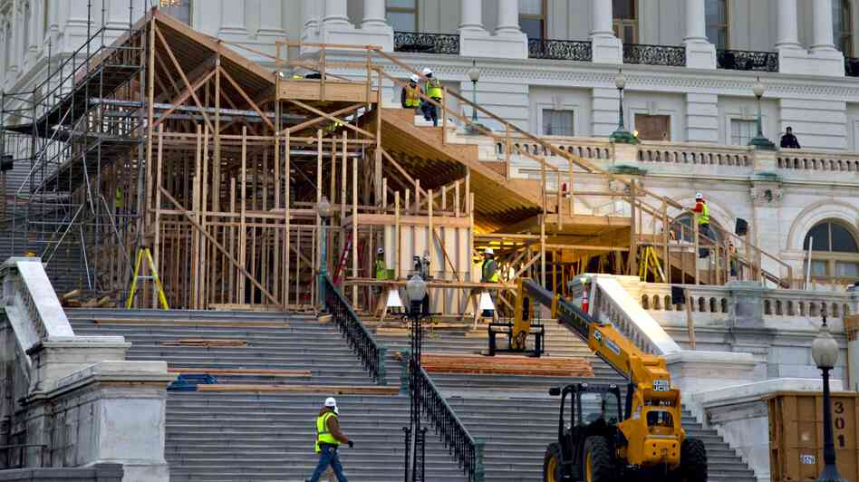 Construction is under way on the viewing stand in front of the U.S. Capitol for President  Obama's Inauguration Day ceremonies on Jan. 21.