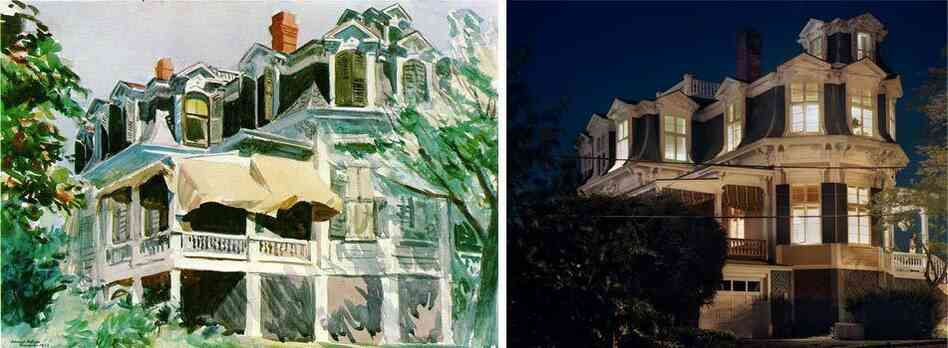 Mansard Roof, 1923, by Edward Hopper (left), which is now at the Brooklyn Museum, compared with Mansard Roof by Gail Albert Halaban (right). Though the building is the same, Halaban photographed it at night. Mansard Roof, 1923, by Edward Hopper (left), which is now at the Brooklyn Museum, compared with Mansard Roof by Gail Albert Halaban (right). Though the building is the same, Halaban photographed it at night.