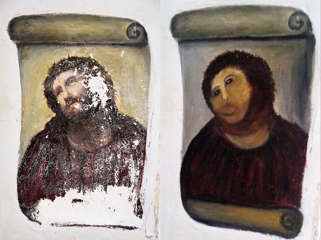 Cecilia Gí­menez's handiwork: the Ecce Homo ("Behold the Man") fresco of Christ, left, and the "restored" version, dubbed Ecce Mono ("Behold the Monkey") at right. Now, the artist is trying her hand at selling her own art work.