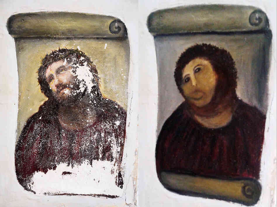 Cecilia Gí­menez's handiwork: the Ecce Homo ("Behold the Man") fresco of Christ, left, and the "restored" version, dubbed Ecce Mono ("Behold the Monkey") at right. Now, the artist is trying her hand at selling her own art work.
