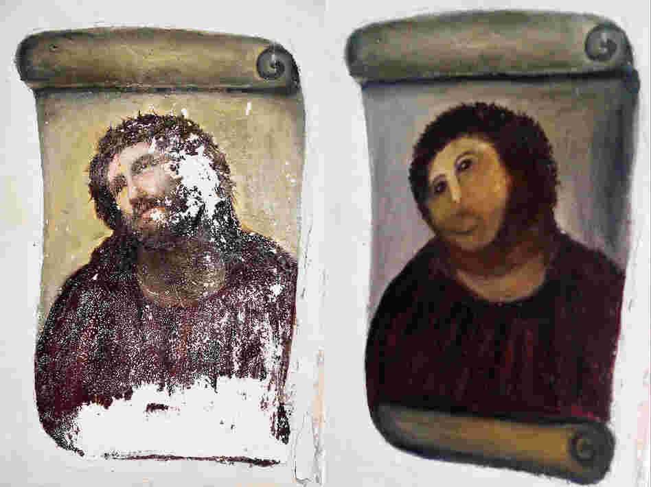 Cecilia Gímenez's handiwork: the Ecce Homo ("Behold the Man") fresco of Christ, left, and the "restored" version, dubbed Ecce Mono ("Behold the Monkey") at right. Now, the artist is trying her hand at selling her own art work. Cecilia Gímenez's handiwork: the Ecce Homo ("Behold the Man") fresco of Christ, left, and the "restored" version, dubbed Ecce Mono ("Behold the Monkey") at right. Now, the artist is trying her hand at selling her own art work.