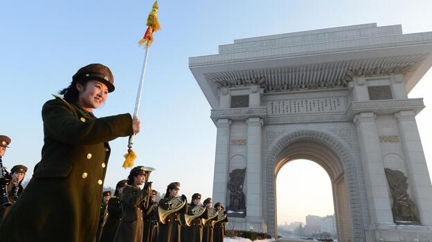 A North Korean military band performed today in Pyongyang to celebrate the country's rocket launch. Other nations, though, condemned the launch.