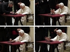 In these images, Pope Benedict XVI pushes the button, with help, to issue the first tweet on his personal account. In these images, Pope Benedict XVI pushes the button, with help, to issue the first tweet on his personal account.