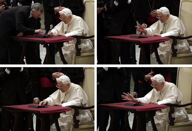 In these images, Pope Benedict XVI pushes the button, with help, to issue the first tweet on his personal account.