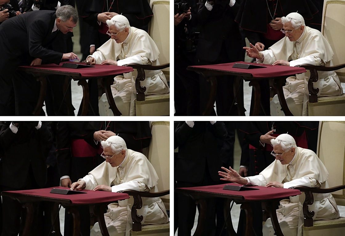 In these images, Pope Benedict XVI pushes the button, with help, to issue the first tweet on his personal account.