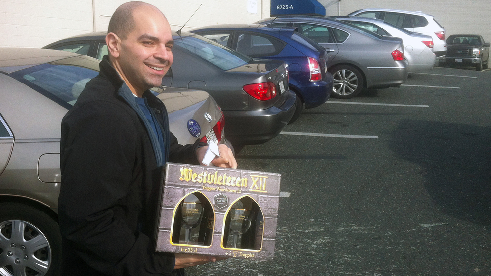 A customer departs Total Wine of Towson, Md., with a gift pack of Belgium's Westvleteren 12 Trappist ale.