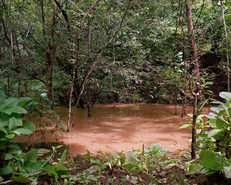 A bomb crater that remains from the civil war fills with water during the rainy season.