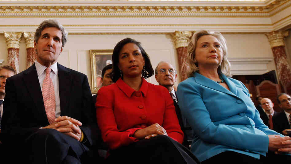 Sen. John Kerry, D-Mass., U.N. Ambassador Susan Rice, and Secretary of State Hillary Clinton listen to President Obama speak at the State Department in May 2011. With Rice withdrawing her name from consideration to succeed Clinton, speculation has turned to Kerry.