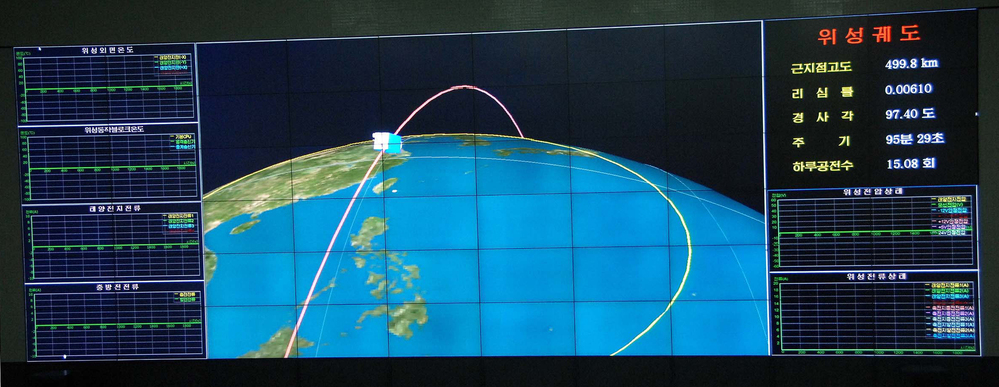This monitor screen image shows a graphic of the orbit of the satellite carried by the Unha-3 rocket, which North Korea launched this week. The image is from the Korean Central News Agency, distributed in Tokyo by the Korea News Service.