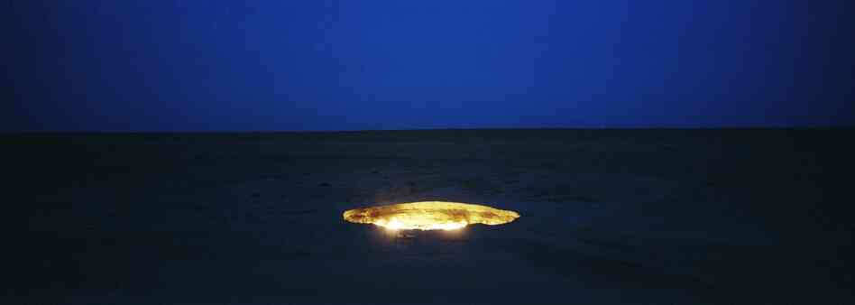 According to Kuwajima, this crater, known as Door to Hell, was made by the Soviet government during a drilling accident in central Turkmenistan in 1971. The area is rich in natural gas, which has given the crater fuel to burn for more than 40 years.