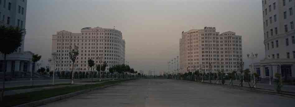 The newly built district of Ashgabat, the capital of Turkmenistan, 2012. The government has been constructing a number of buildings with white marble in the city, showing wealth from the abundant gas resources.