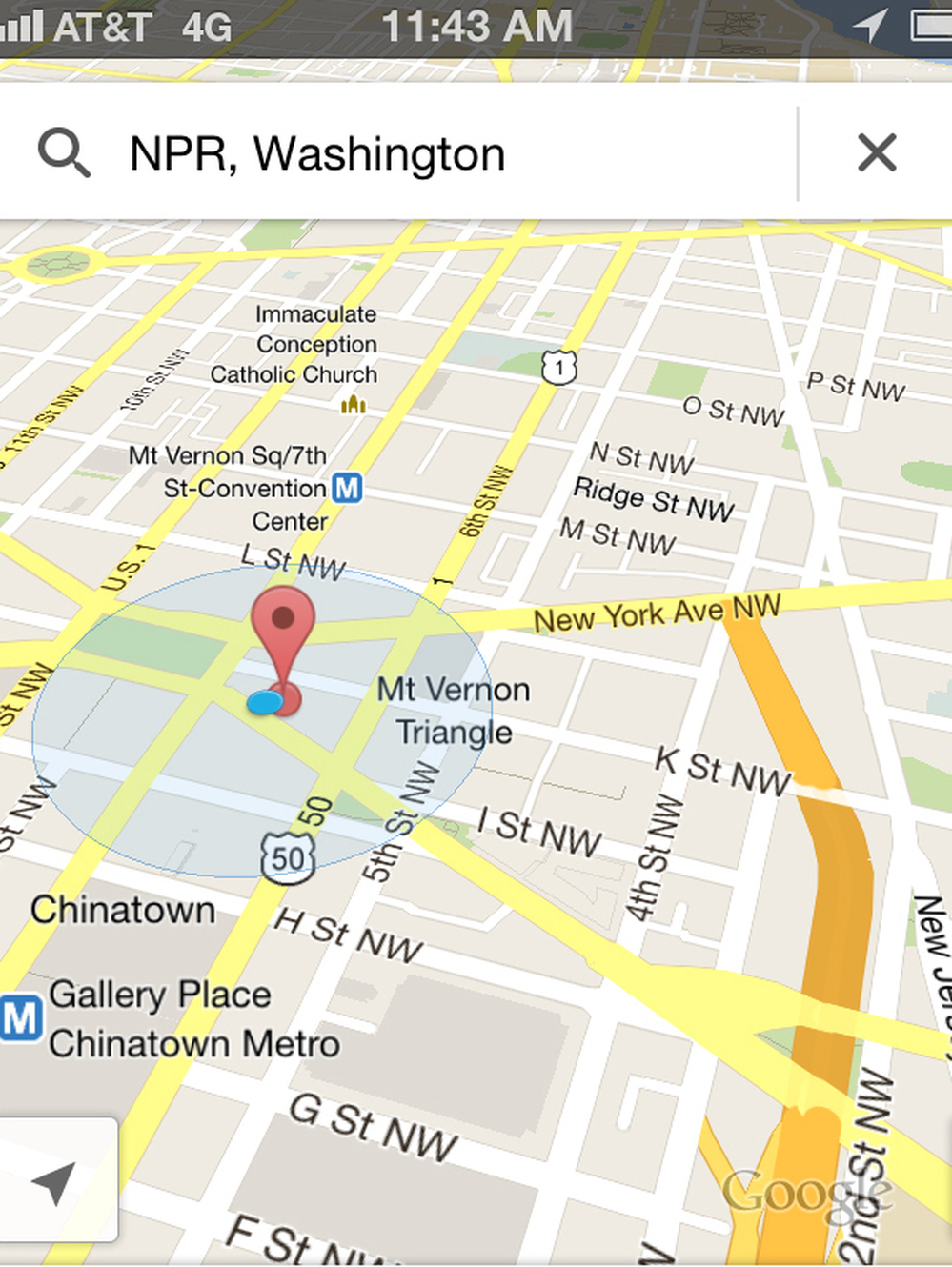 A screenshot of Google Maps on an iPhone.
