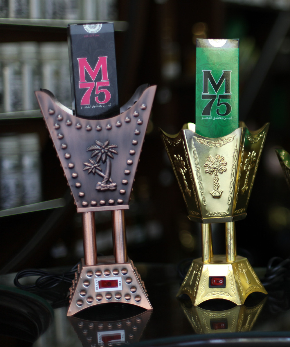 Bottles of M75 on sale at a shop in Gaza City. The fragrance is named for the rockets fired from Gaza into Israel.