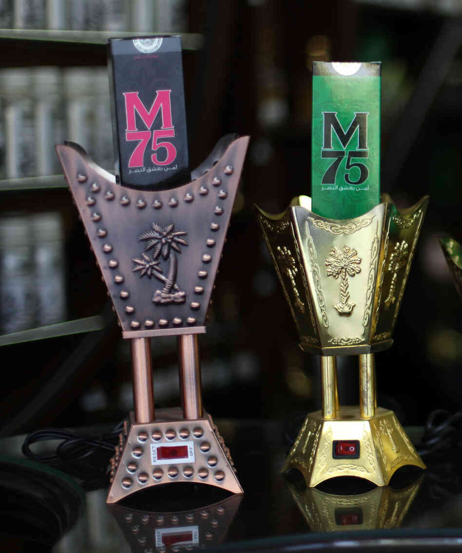 Bottles of M75 on sale at a shop in Gaza City. The fragrance is named for the rockets fired from Gaza into Israel.
