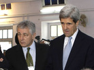 Then-Sen. Chuck Hagel, R-Neb., and Sen. John Kerry, D-Mass., observe voting in parliamentary elections in Lahore, Pakistan, in 2008. President Obama is reportedly considering Hagel as his next defense secretary, and Kerry for secretary of state. Then-Sen. Chuck Hagel, R-Neb., and Sen. John Kerry, D-Mass., observe voting in parliamentary elections in Lahore, Pakistan, in 2008. President Obama is reportedly considering Hagel as his next defense secretary, and Kerry for secretary of state.